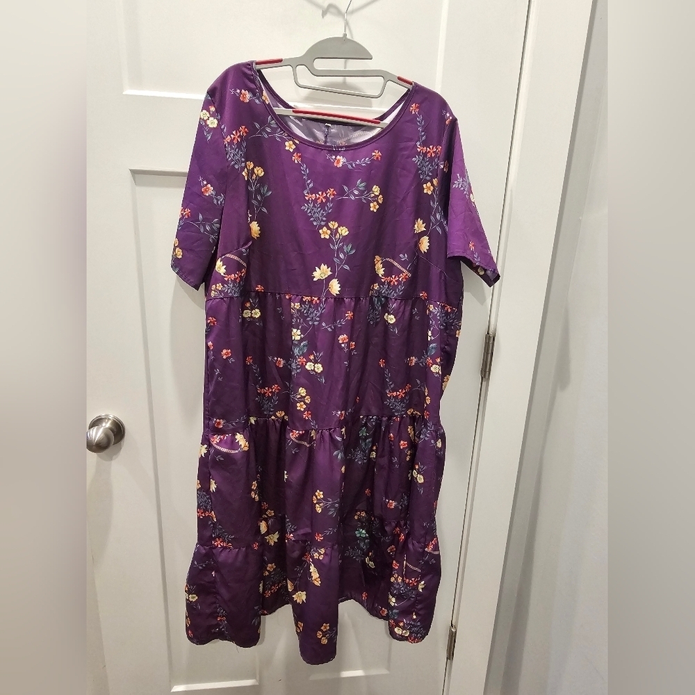 Plus Size 2X Purple Floral Tiered Midi Dress Short Sleeve Boho Spring Casual